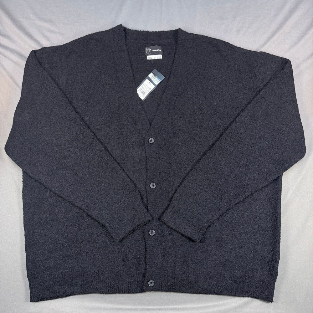 Original Use Mens XXL Black 100 Nylon Eyelash Knit Cardigan Sweater OpenNeck New